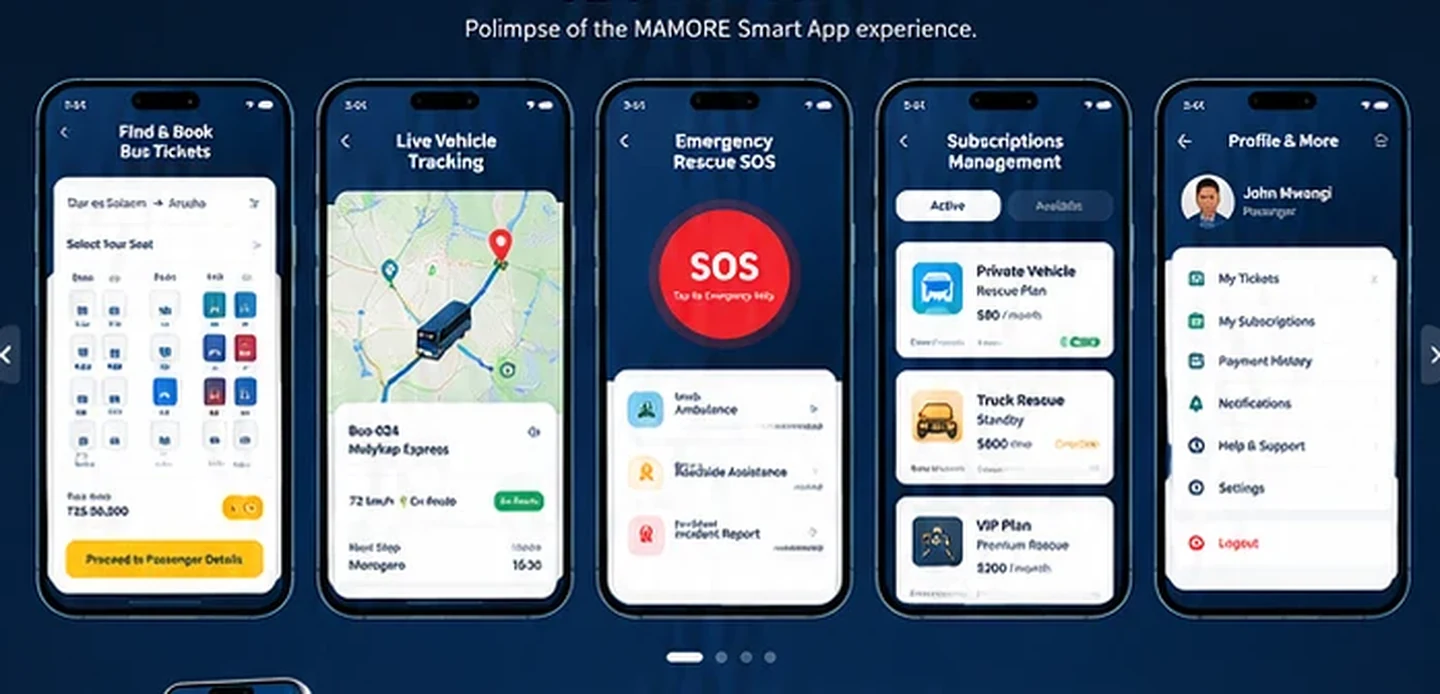 AI-generated previews of MAMORE Smart Bus, tracking, SOS and subscription mobile app screens